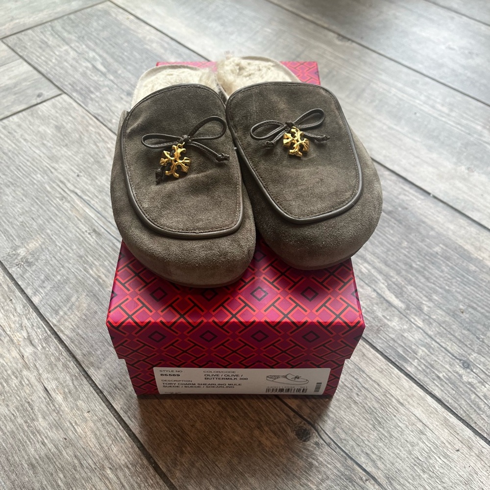 Tory Burch Olive and Buttermilk Shearling Mules